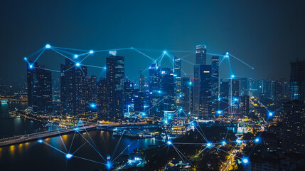 Obraz premium Smart digital city with connection cyber security network reciprocity over the cityscape . future smart wireless digital city and social media networking systems that connects people within the city