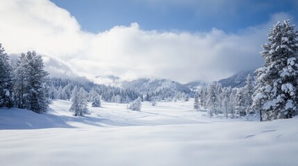 breathtaking snow landscape, serene winter scene with snow-covered trees and mountains, peaceful snowy terrain under a clear sky