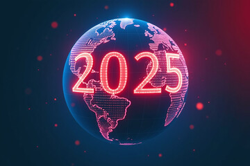 Fototapeta premium digital globe glows blue red light displaying year futuristic