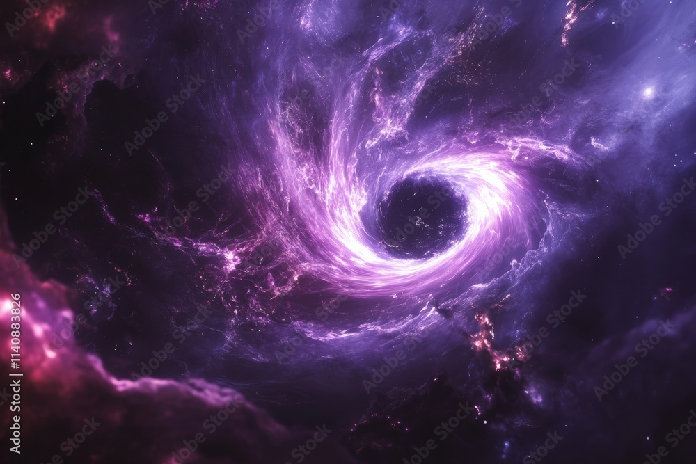 Poster an enchanting visual representation of a swirling cosmic vortex, imbued with ethereal purple hues an