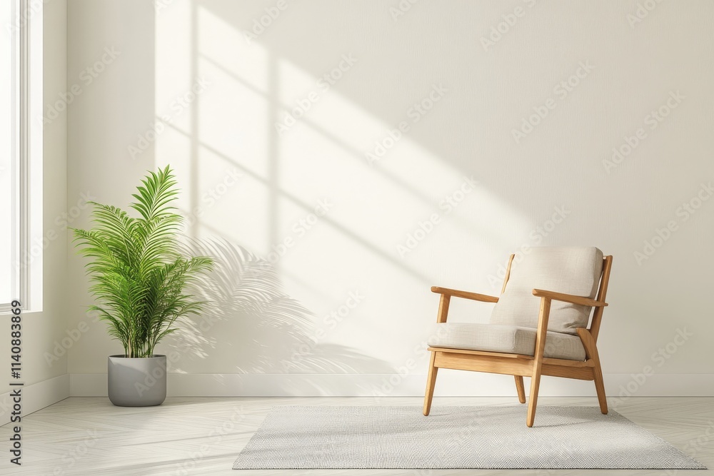 Poster a minimalist-style seating area featuring a simple chair and plant, capturing the purity of design a