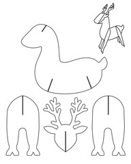 Christmas Deer, Printable DIY template for 3D figurine simple cardboard craft Deer. Vector image of parts for laser cutting. Reindeer do it yourself decor for winter holidays