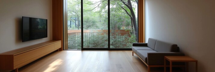 Fototapeta premium A minimalist room with a large window overlooking greenery, featuring a sleek sofa and wide wooden floor.