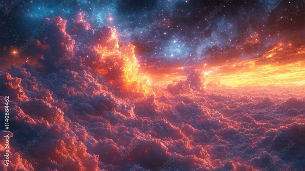 Canvas Prints Fiery cloudscape, cosmic sunset, starry expanse.