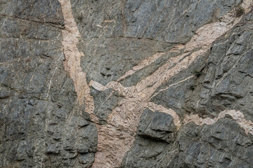 Metamorphic rocks / GNEISSIC ROCKS (gn) with dikes.  Angeles Crest Scenic Byway, Los Angeles County, California. San Gabriel Mountains. angeles national forest, dike