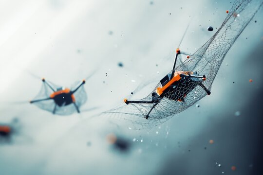 Sleek drones navigate swiftly through the air with precision, highlighted by a bright, abstract backdrop.