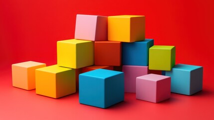 Colorful Blocks Stacked on Red Background, Abstract Geometric Composition