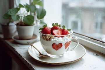 A cup of yogurt topped with strawberries and depicted with heart-shaped designs, placed on a saucer by the window with potted plants nearby.