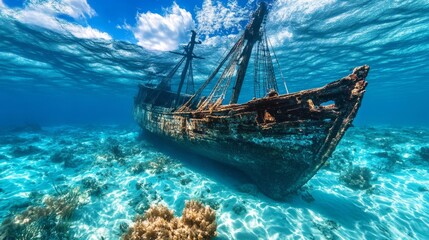 Obraz premium sunken shipwreck exploration in crystal-clear ocean waters, discovering a hidden shipwreck beneath the serene ocean surface, diving into the depths to explore a sunken ship in clear blue waters