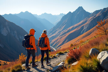 Obraz premium two hikers climb together orange jackets vibrant fall