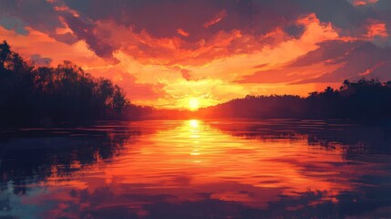 Fototapeta premium sunset reflecting on calm water, tranquil sunset over the ocean, vibrant colors of sunset over peaceful waters