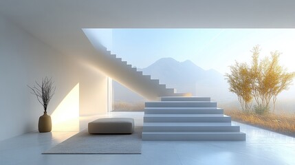 Modern minimalist room, stairs, mountain view.