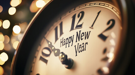 Warm festive vintage clock with "Happy New Year" text and glowing golden bokeh lights for countdown.