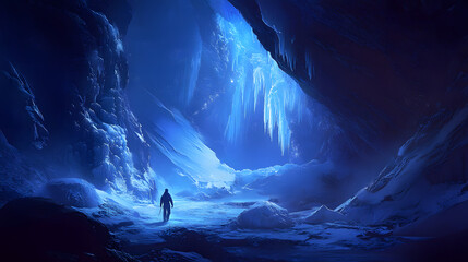 A Brave Hiker's Journey into a Mysterious Glacier Cave Lit by Ethereal Blue Light and Surrounded by Stunning Ice Formations