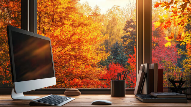 Fall background virtual webinar online presentation teams meeting with interior scenic window view of colorful autumn trees for desk with computer home office study virtual room backdrop.