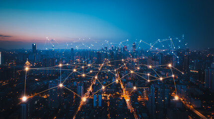 Fototapeta premium Smart digital city with connection cyber security network reciprocity over the cityscape . future smart wireless digital city and social media networking systems that connects people within the city