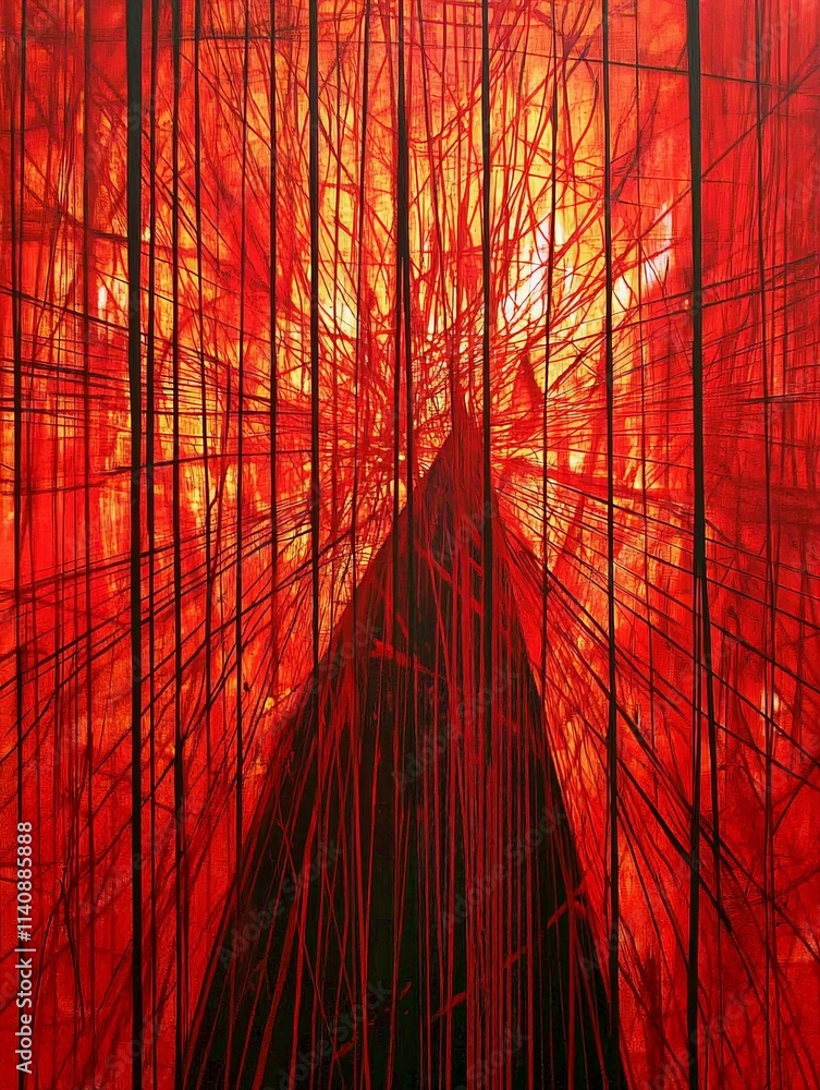 Fototapete an abstract portrayal with vibrant red hues and intersecting lines, creating a radiant energy that c