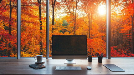Fall background virtual webinar online presentation teams meeting with interior scenic window view of colorful autumn trees for desk with computer home office study virtual room backdrop.