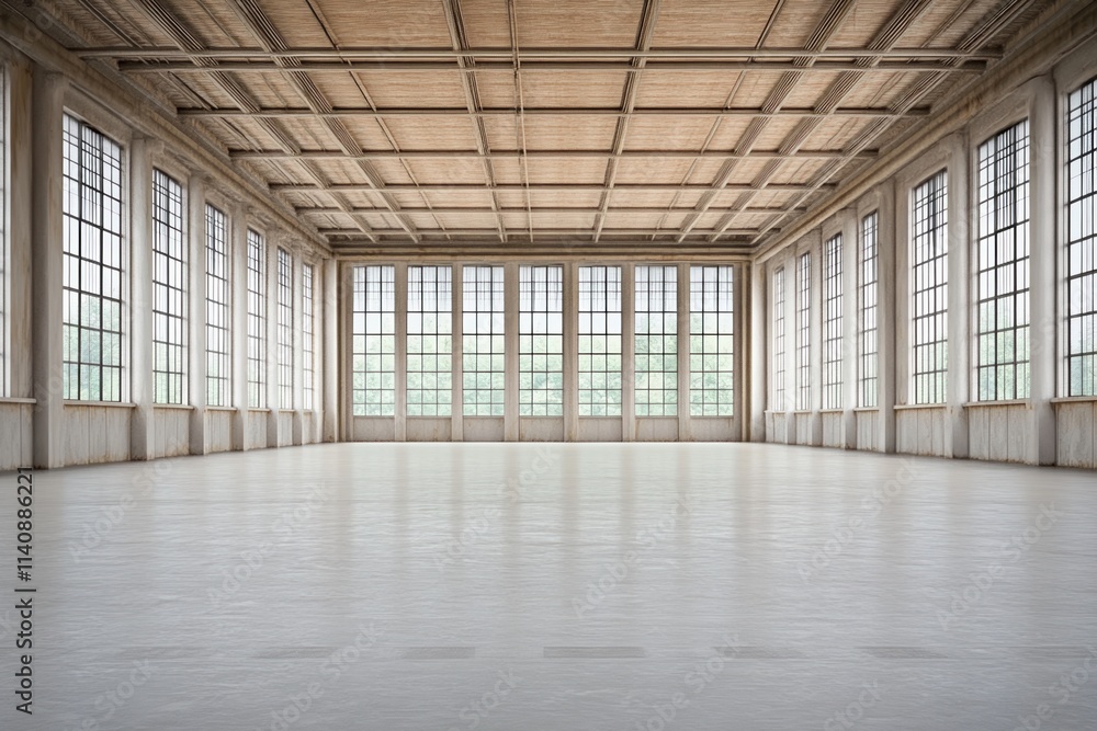 Poster spacious empty factory interior with large windows allowing natural light to flood in during dayligh