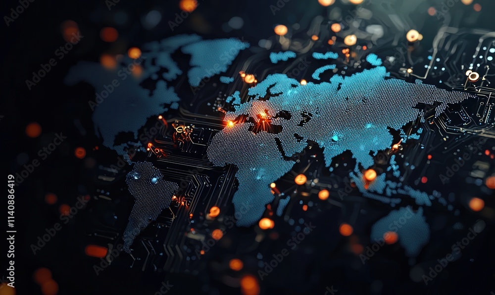 Poster global digital connectivity illustrated through a networked world map with vibrant data points on a 