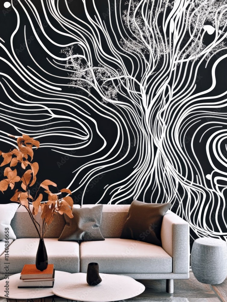 Poster the artwork beautifully depicts an intricate tree pattern in black and white, merging nature with ar