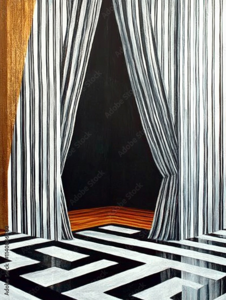 Aufkleber the painting showcases a dramatic curtain design with bold black and white stripes, inviting viewers