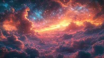 Celestial cloudscape; fiery, starlit expanse.