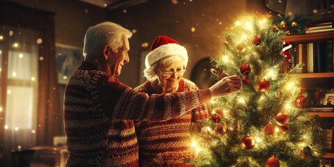 Smiling senior couple decorating a festive Christmas tree in their cozy, warmly lit home