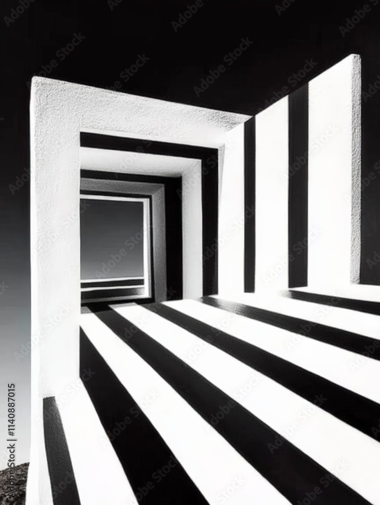 Poster a captivating perspective of staggered geometric stairs enveloped in contrasting black and white str