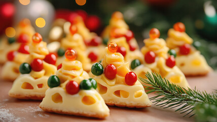 Obraz premium Festive Christmas Tree Bites. Cheese canapes in the shape of Christmas trees.