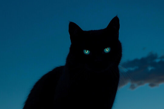 Black cat gazes at night sky with glowing eyes