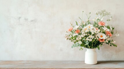 Fototapeta premium A vibrant bouquet of pink and white flowers is thoughtfully arranged in a rustic vase, set on a wooden table against a soft, neutral wall, perfect for Mother's Day celebrations
