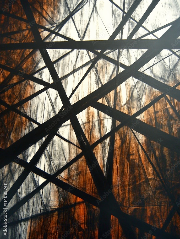 Poster a complex arrangement of dark lines intersecting against a backdrop of earthy tones, representing th