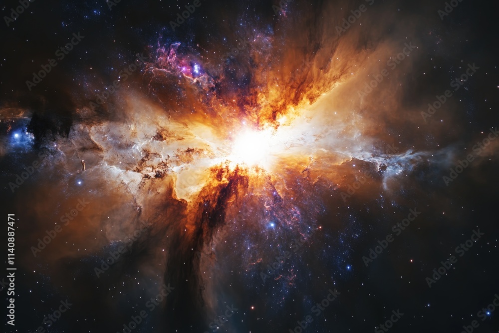 Poster An extraordinary cosmic event captured in soft yet vibrant colors, depicting an eruption in the universe that symbolizes the interplay of creation and destruction in celestial realms.