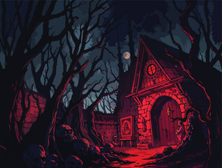 Eerie Forest with Red-Roofed Church