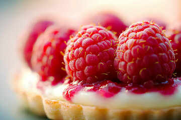 Fresh raspberries atop creamy yogurt slice