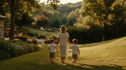 Fototapeta premium A mother walks hand in hand with her two young children during a lovely Mother's Day afternoon in a lush green park. They enjoy a peaceful stroll, surrounded by nature's beauty