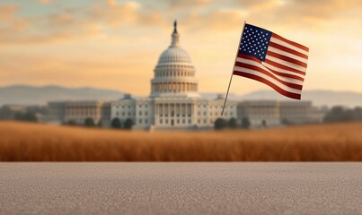 American flag waving in front of the United States Capitol Complex at sunset