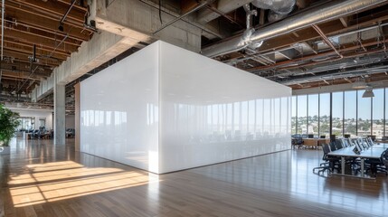 Modern office interior with large white translucent partition.