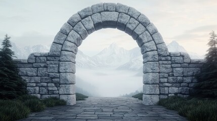 Path of beginning and start exploration, A stone archway leads to misty mountains, creating a mystical atmosphere in a serene landscape.
