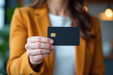 woman holds black premium card secure online transactions ease everyday life