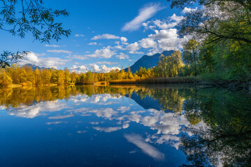 Fototapeta premium Galinasee in the Fall Autumn in the Walgau Valley, State of Vorarlberg, Austria