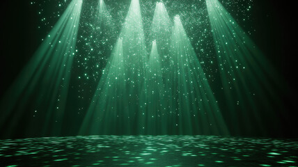 green spotlights shine on stage floor in dark room, idea for background, backdrop, mock up, Generative Ai