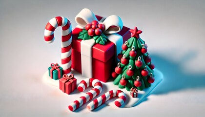 3D Claymation Christmas Candy Canes in Red and White Stripes on Solid White Background