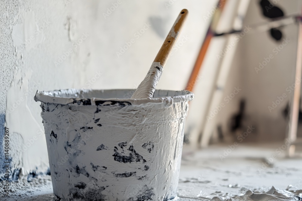 Poster A close-up view of a paint roller resting in a bucket filled with white paint, embodying the theme of renewal and artistic expression in the context of home improvement projects.