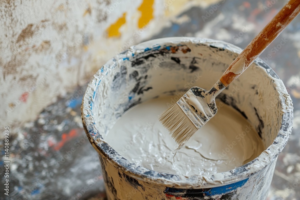 Poster the image features a bucket filled with freshly mixed paint ready for a renovation project, represen