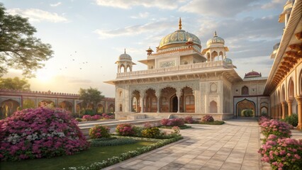 Fototapeta premium Sunrise at the Mughal Garden Architectural 3D Render, Palace, India, Flowers Mughal Architecture, 3D Rendering