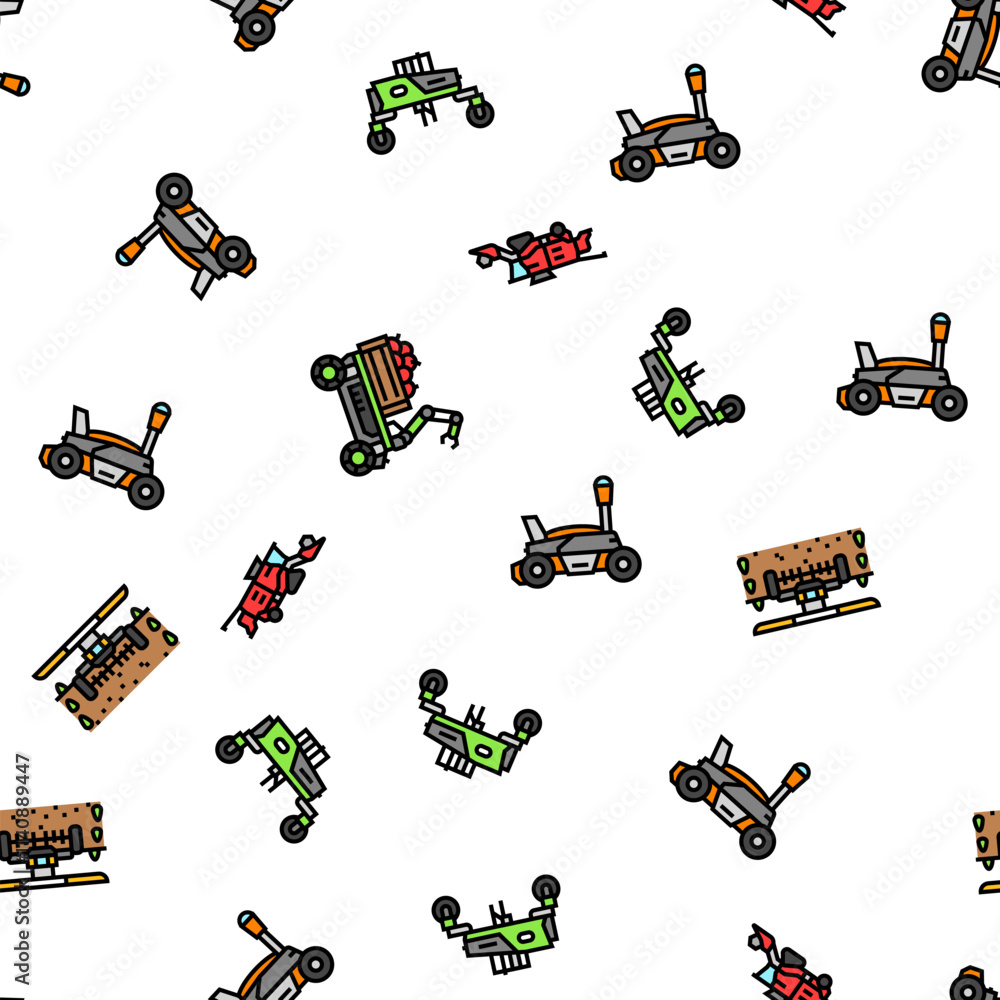 Poster robot harvests automation vector seamless pattern thin line illustration