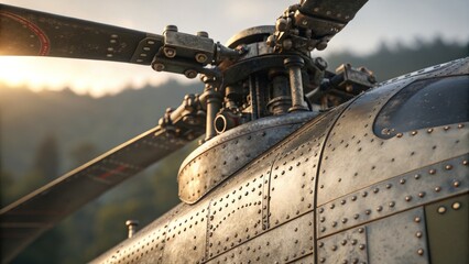 Fototapeta premium Steampunk Helicopter Close-up Golden Hour Rotor and Rivet Detail, Helicopter, Steampunk Helicopter,Vintage Aircraft