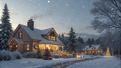 Snowy Christmas House Digital Painting, Winter Wonderland Scene, Festive Lights, Cottagecore Christmas, Winter